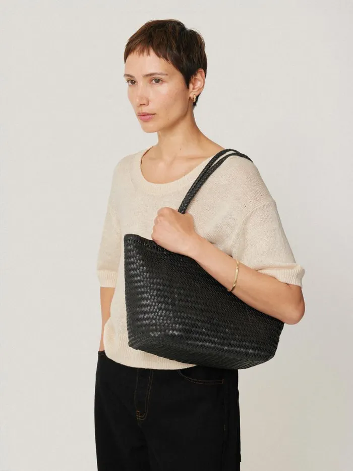 Woven Leather Tote Bag Black Women Jigsaw Leather