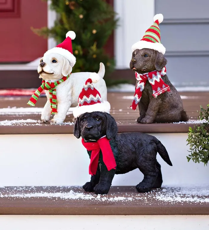 Yard and Garden Holiday Labrador Puppy Statue With Hat And Scarf Plow and Hearth Decorative Garden Accents
