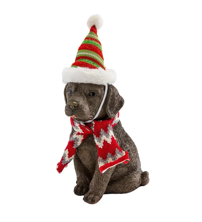 Yard and Garden Holiday Labrador Puppy Statue With Hat And Scarf Plow and Hearth Decorative Garden Accents