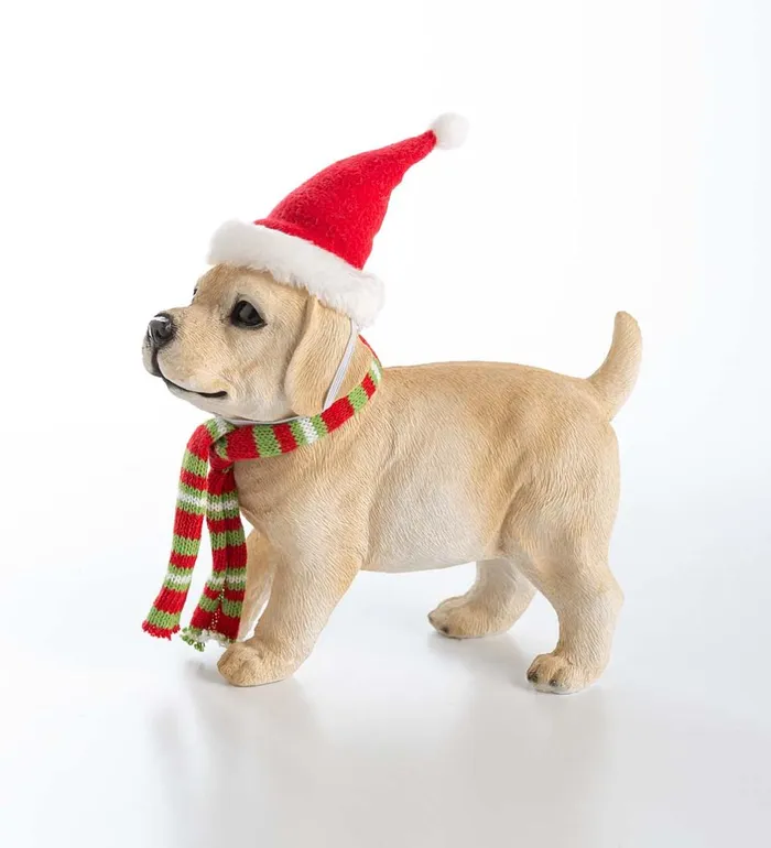 Yard and Garden Holiday Labrador Puppy Statue With Hat And Scarf Plow and Hearth Decorative Garden Accents