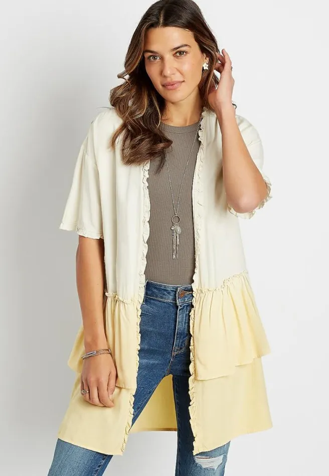 Yellow Ombre Ruffle Trim Kimono Women Maurices Tops