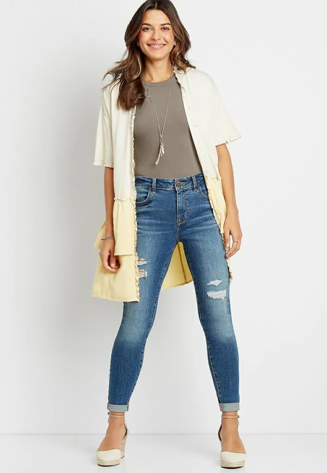 Yellow Ombre Ruffle Trim Kimono Women Maurices Tops