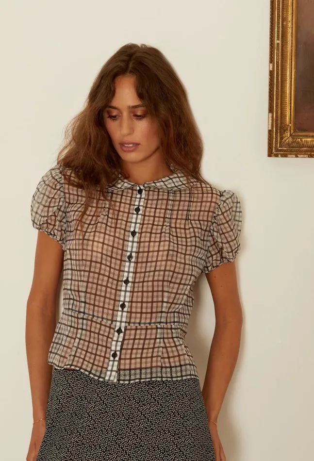Yvonne Sheer Plaid Organza Top Women Ciao Lucia Short Sleeve Tops